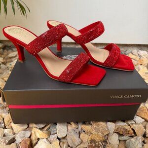 NIB Vince Camuto Aslee Rhinestone Embellished Dress Sandal CHERRY RED